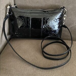 1980's Vintage Sharif Black Patent Leather Signature Embossed Shoulder Bag